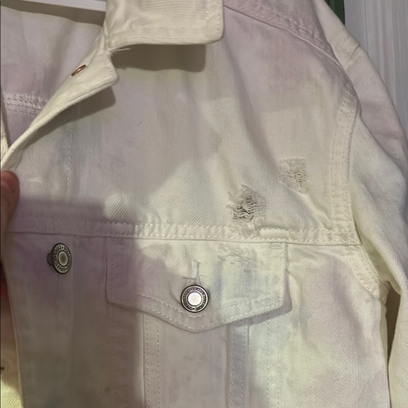 🩵3/$18🩵 American Eagle White Distressed Denim Jean Jacket Pastel Tie Dye Detail - Picture 5 of 11